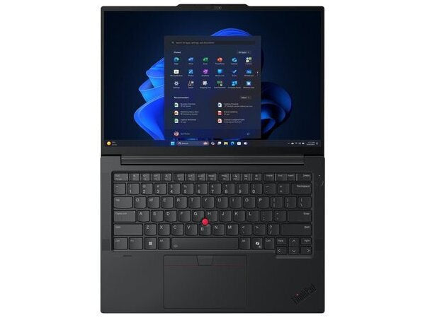 Black laptop with a screen displaying a blue wallpaper and icons on a white background