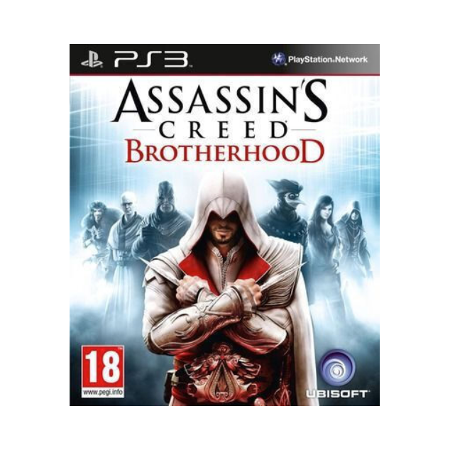 Assassin's Creed Brotherhood video game cover for PlayStation 3, featuring Ezio Auditore in the foreground with other characters in the background, PS3 and PlayStation Network branding at the top, and Ubisoft logo at the bottom.