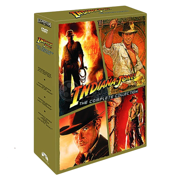 Indiana Jones The Complete Collection DVD box set in olive green packaging with colorful movie artwork panels, shown on a plain white background.