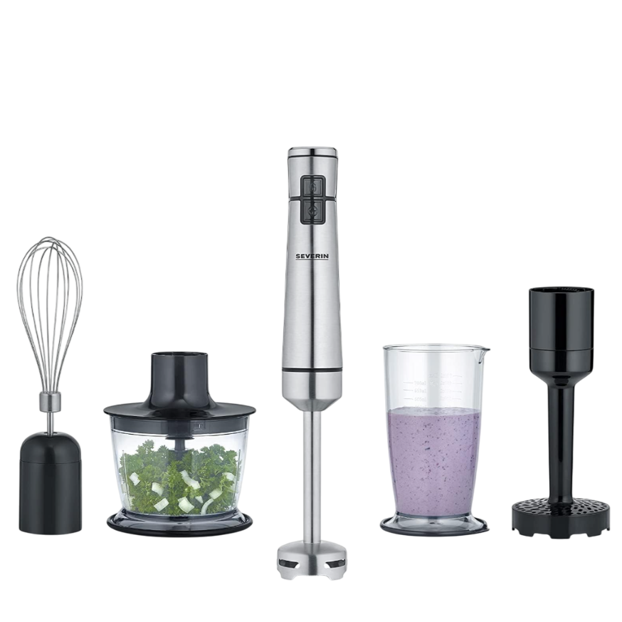 Set of kitchen tools including a whisk, chopper, blender, and grinder on a white background