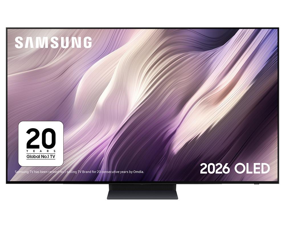 Samsung 2026 OLED television shown from the front on a white background, featuring a purple and lavender abstract display with a 20 Years Global No.1 TV badge on the lower left.