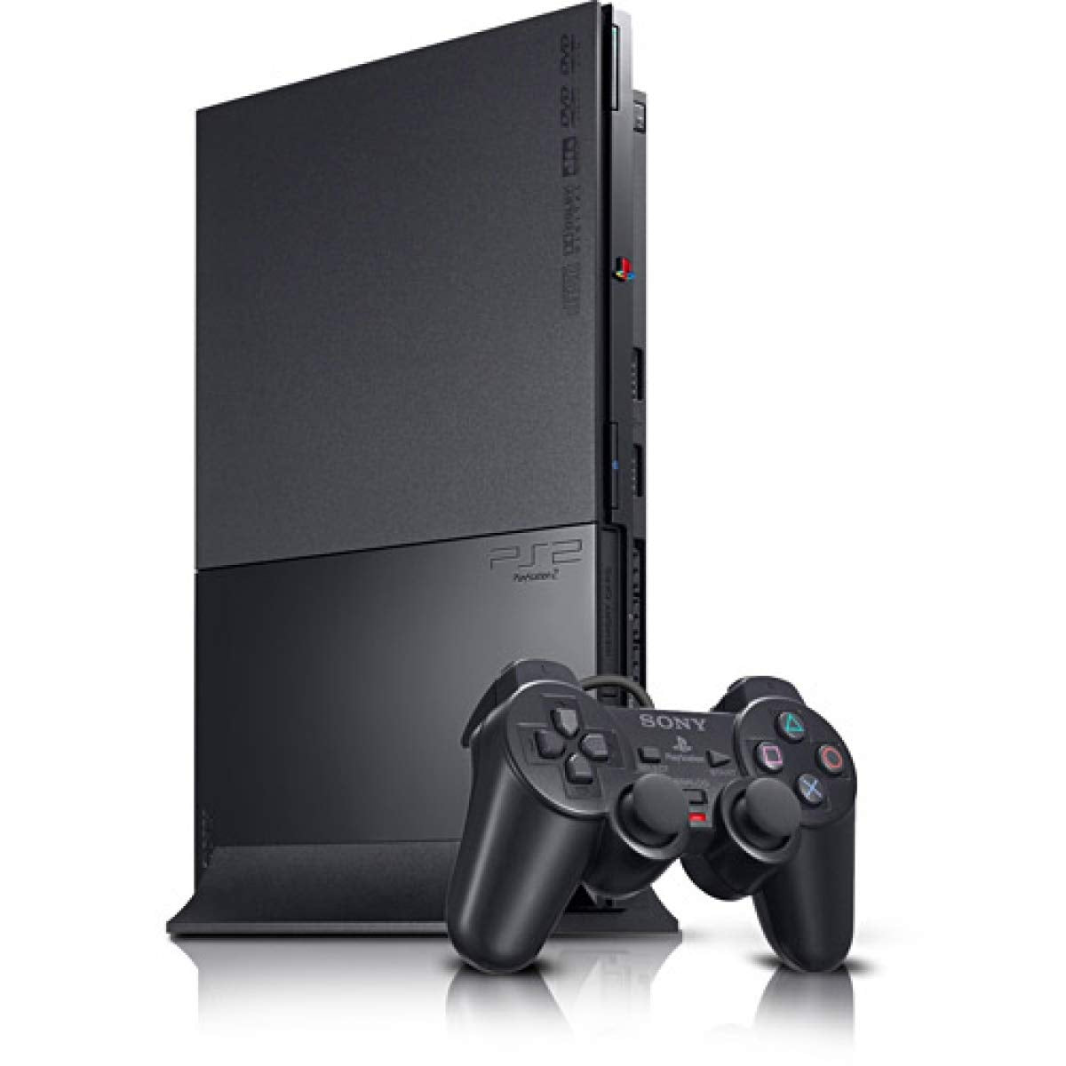 Black gaming console with controller on a white background