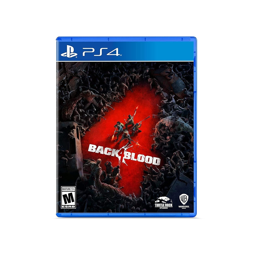 PS4 game case for Back Blood, featuring a blue PlayStation 4 case with cover art showing a red blood-splattered scene and the title 'BACK BLOOD' in white text.