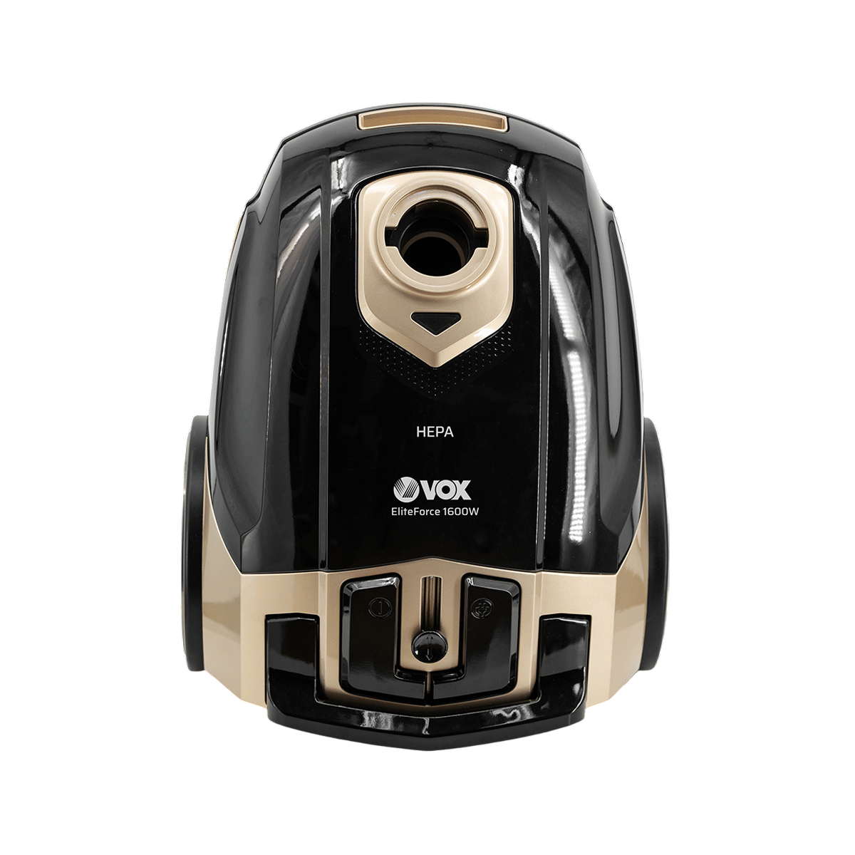 Black and gold vacuum cleaner with 'VOX' branding on a white background