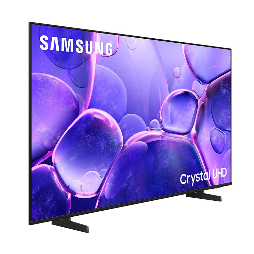 Samsung Crystal UHD TV with a purple abstract design on the screen