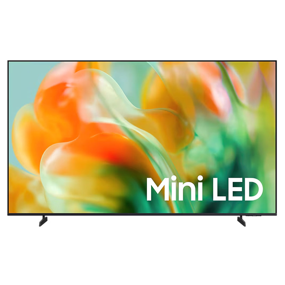 A modern flat-screen Mini LED TV with a thin black bezel and dual slim stand legs, displaying a colorful abstract liquid art background with the text 'Mini LED' in white.