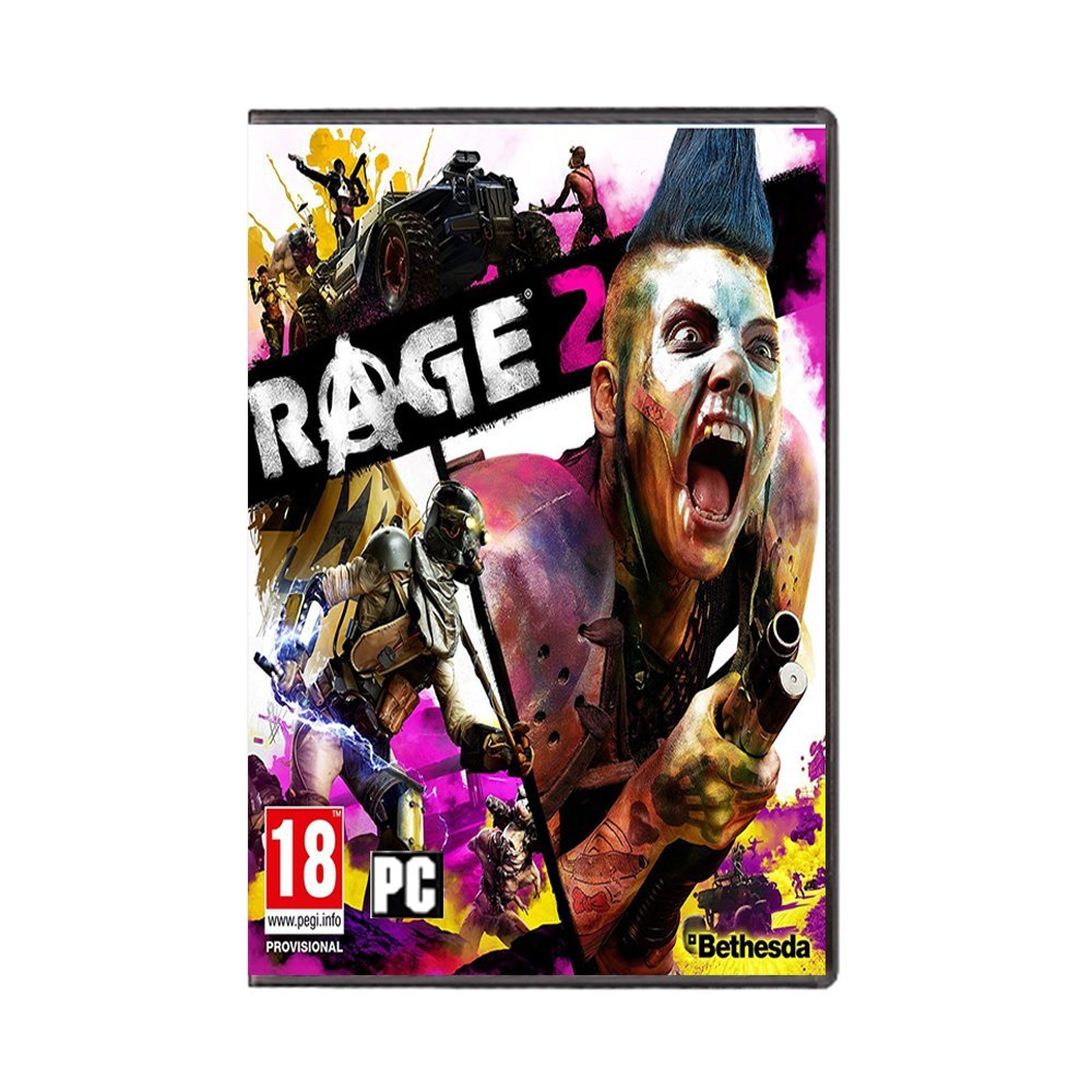 Front cover of the video game Rage 2 for PC, featuring a screaming punk character with a blue mohawk, a rifle, and other illustrated action elements on a colorful abstract background. The cover includes an 18 PC rating badge and a visible Bethesda logo.