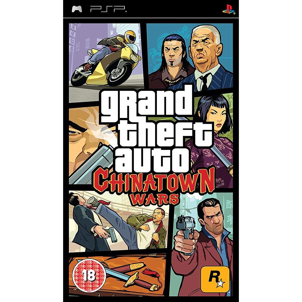 Front cover of the PSP game Grand Theft Auto: Chinatown Wars, featuring comic-style character and scene panels with the game title in large white and red text. Visible PlayStation and PSP branding appear at the top.
