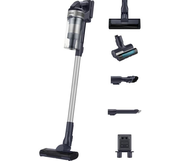 Stainless steel and black cordless vacuum cleaner with attachments on a white background