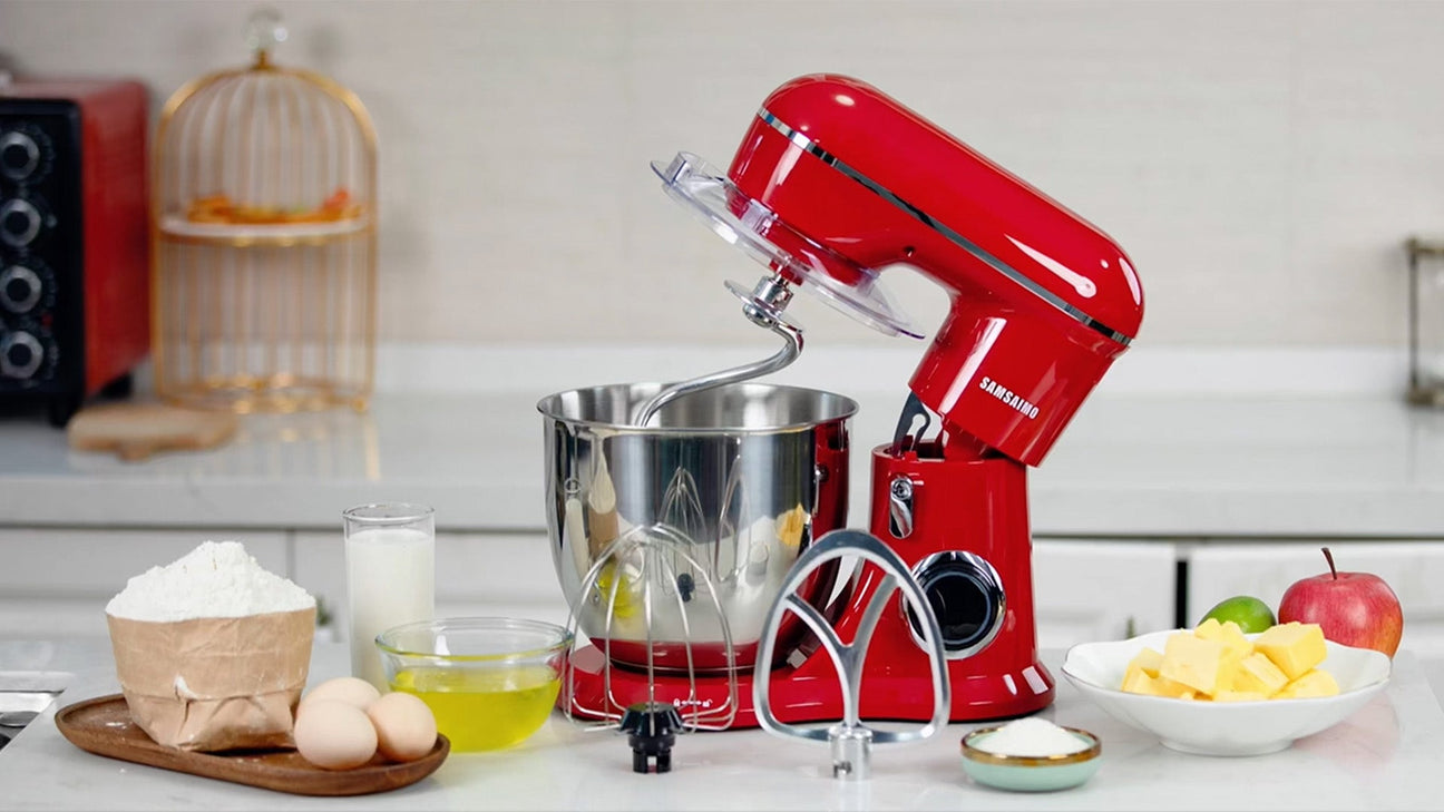High-quality electric food mixer with stainless steel bowl, multiple speed settings, and durable mixing attachments for home baking and cooking.