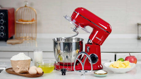 High-quality electric food mixer with stainless steel bowl, multiple speed settings, and durable mixing attachments for home baking and cooking.