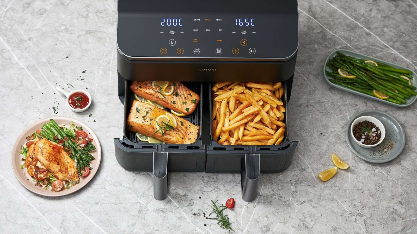 Air fryers with sleek design, offering healthy cooking with rapid hot air circulation for crispy results with less oil.