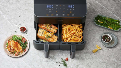 Air fryers with sleek design, offering healthy cooking with rapid hot air circulation for crispy results with less oil.