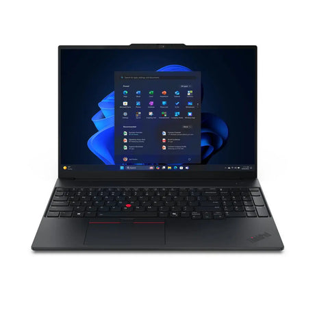 Laptop with a dark screen displaying a software interface on a white background