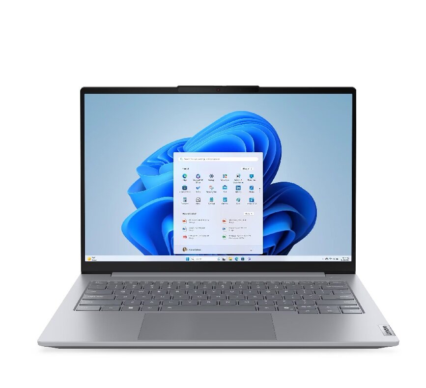 Laptop with a blue flower design on the screen on a white background