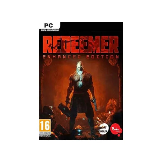 Red Dead Enhanced Edition PC game cover shown on a plain white background. The cover features the game title in large red letters, a masked character standing in a dark red-orange scene, a PEGI 16 rating logo, and publisher logos including Rockstar and Baka.