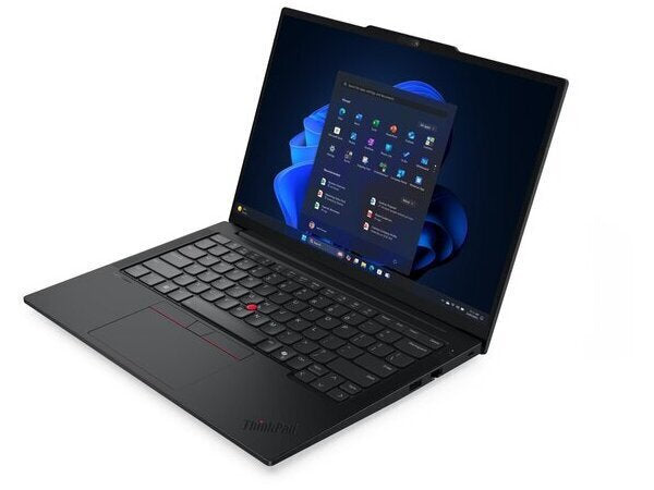 Black laptop with a blue screen on a white background