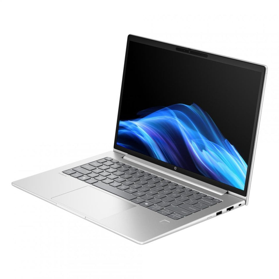 Silver laptop with a colorful display on a white background
