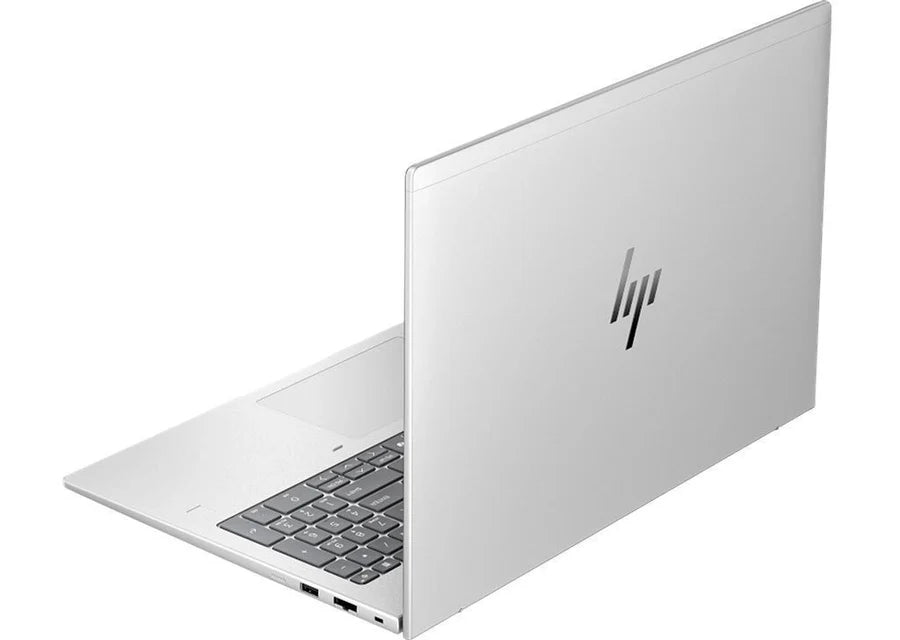 Silver HP laptop on a white background