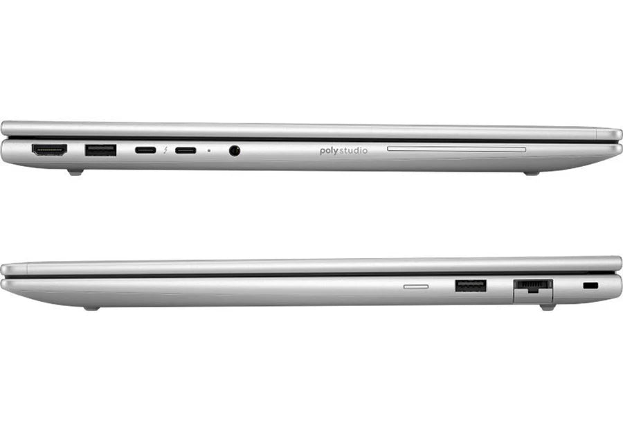 Two views of a silver laptop on a white background