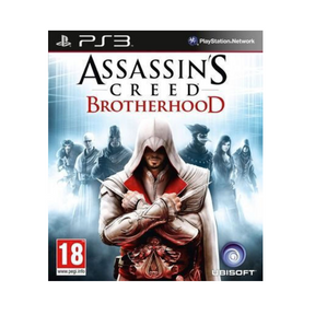 Assassin's Creed Brotherhood video game cover for PlayStation 3, featuring Ezio Auditore in the foreground with other characters in the background, PS3 and PlayStation Network branding at the top, and Ubisoft logo at the bottom.