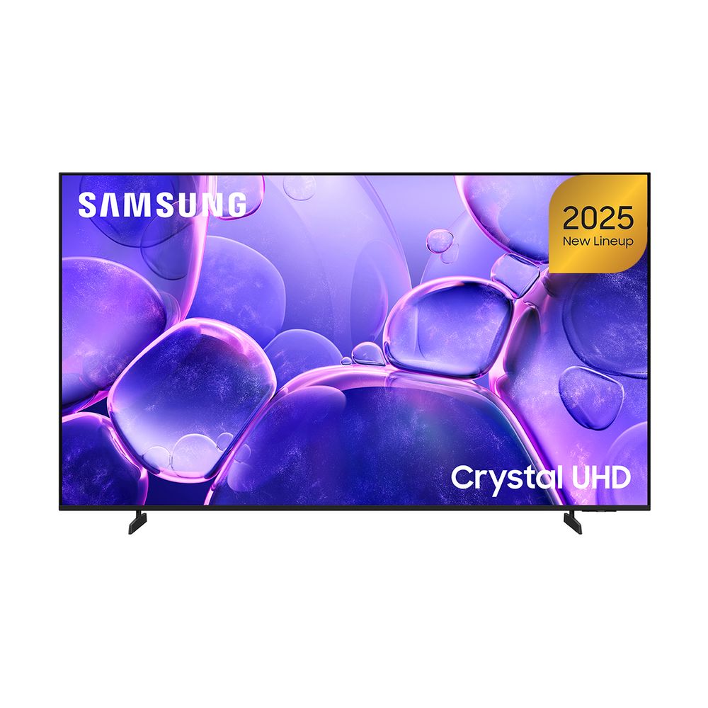 Samsung Crystal UHD 2025 new lineup television shown from the front on a white background, featuring a purple and blue abstract liquid bubble display with the Samsung logo and a gold '2025 new lineup' badge.