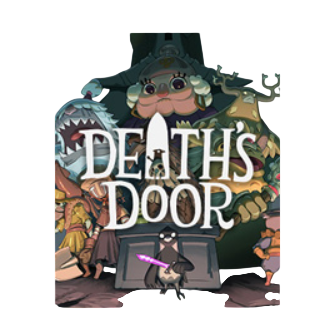 Cover of 'Death's Door' with fantasy characters and text on a white background