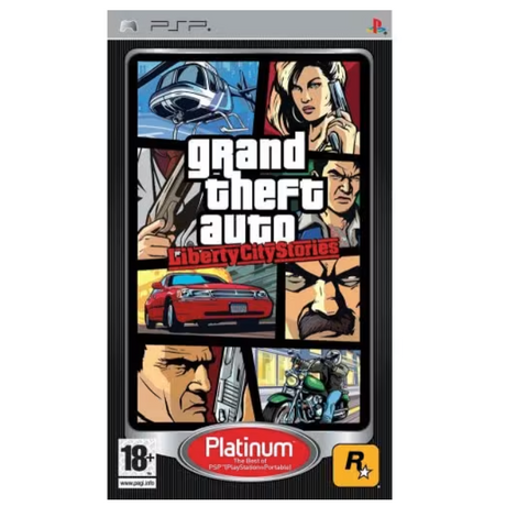 Grand Theft Auto Liberty City Stories Platinum edition game case for PlayStation Portable (PSP), featuring a comic-style cover collage with the game title and various character and vehicle illustrations.
