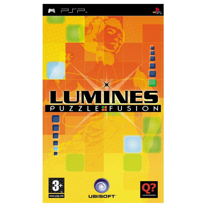 Packaging of 'Lumines Puzzle Fusion' game for PSP with colorful design and Ubisoft logo.