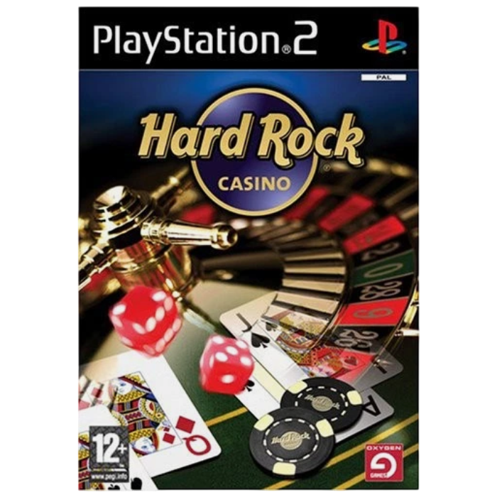 PlayStation 2 game cover for 'Hard Rock Casino' with gaming elements on a white background