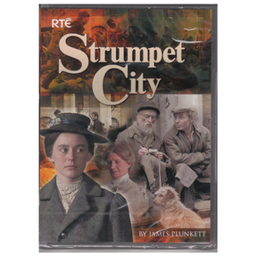 Book cover of 'Strumpet City' by James Plunkett with images of people and a dog on a checkered background.