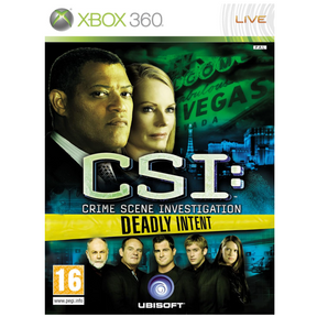 Xbox 360 game cover for 'CSI: Crime Scene Investigation - Deadly Intent' featuring two main characters and a cityscape.