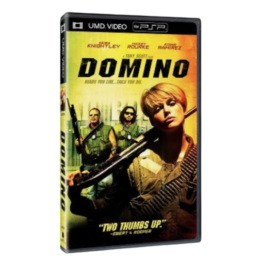 UMD video disc cover for 'Domino' with two characters holding guns on a white background