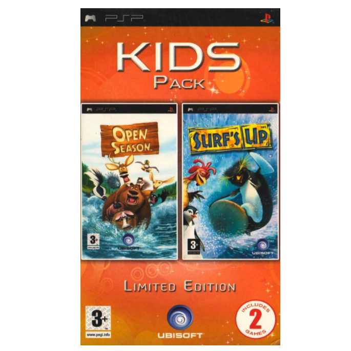 PSP Kids Pack with 'Open Season' and 'Surf's Up' games on an orange background