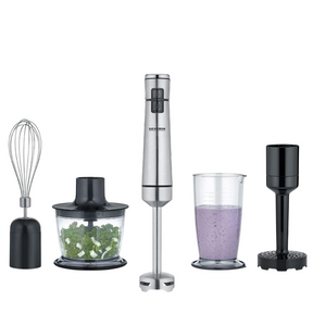 Set of kitchen tools including a whisk, chopper, blender, and grinder on a white background