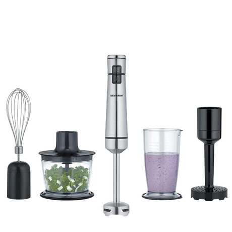 Set of kitchen tools including a whisk, chopper, blender, and grinder on a white background