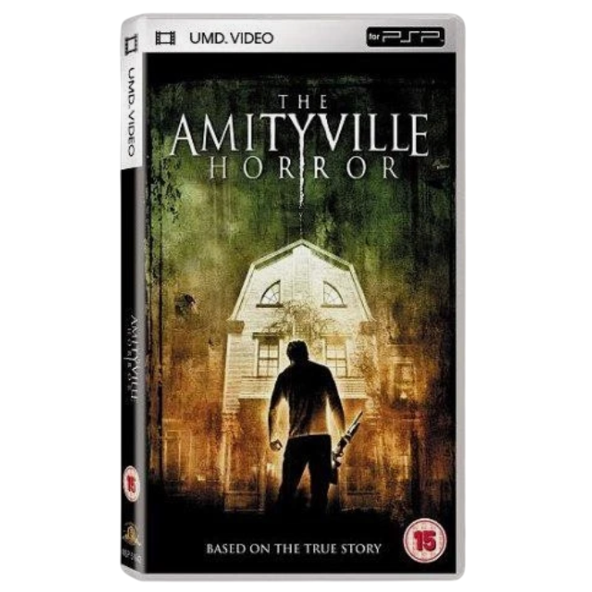 PSP game case for 'The Amityville Horror' with a silhouette of a person holding a knife.