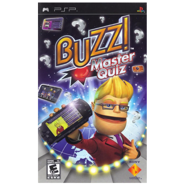 Game case for 'Buzz! Master Quiz' on PSP with a character holding a device.