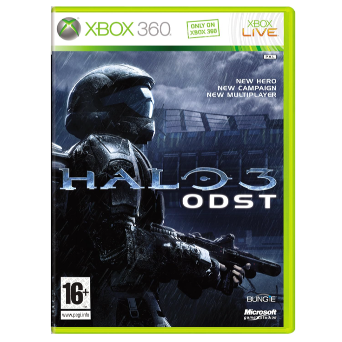 Halo 3 ODST game box for Xbox 360 with character holding a gun on a white background