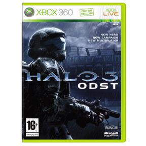 Halo 3 ODST game box for Xbox 360 with character holding a gun on a white background