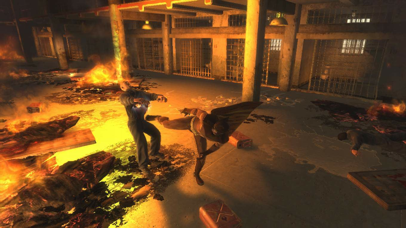 Dramatic scene of a person and dog in a burning building with intense lighting.