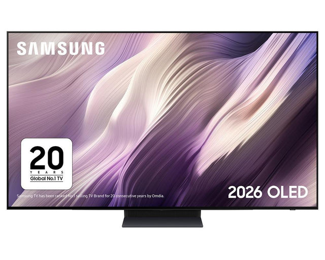 Samsung 2026 OLED television shown from the front on a white background, featuring a purple and lavender abstract display with a 20 Years Global No.1 TV badge on the lower left.