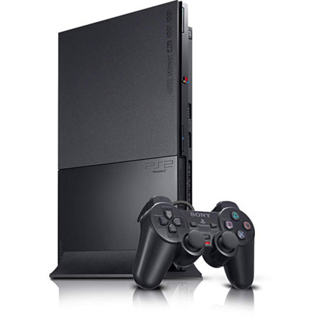 Black gaming console with controller on a white background