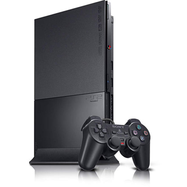 Black gaming console with controller on a white background