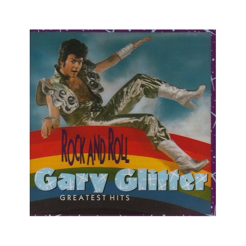 Album cover of 'Rock and Roll Greatest Hits' by Gary Glitter with a colorful design and text.