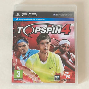 PS3 game case for Topspin 4 2K Sports on PlayStation Network, featuring tennis players Roger Federer, Rafael Nadal, and Novak Djokovic on the cover.