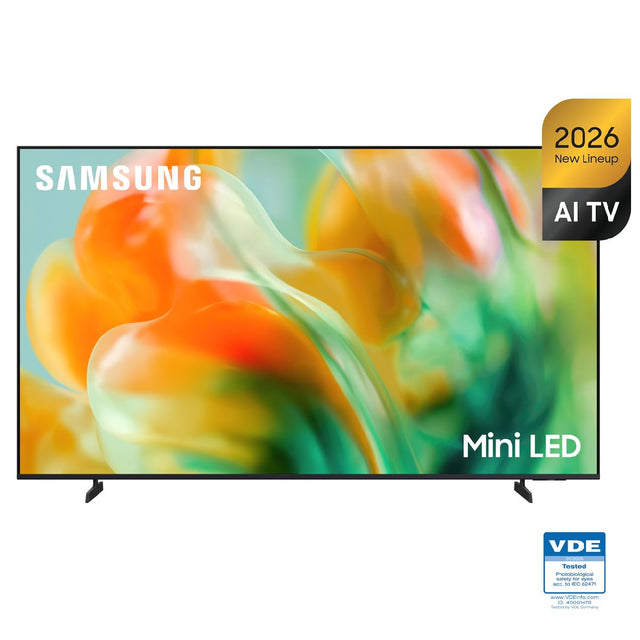 Samsung Mini LED AI TV with a thin black bezel, shown on a white background with a 2026 New Lineup badge and a VDE certification logo.