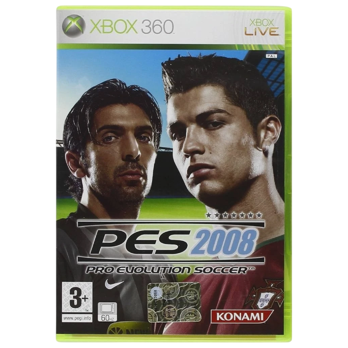 Pro Evolution Soccer 2008 game case for Xbox 360 with two football players on the cover.