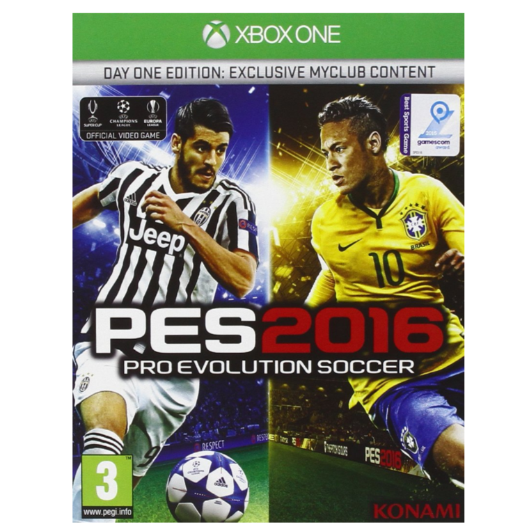 Pro Evolution Soccer 2016 game cover for Xbox One with two soccer players on a white background.
