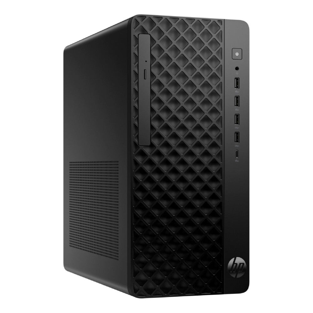 Black HP desktop computer tower on a white background